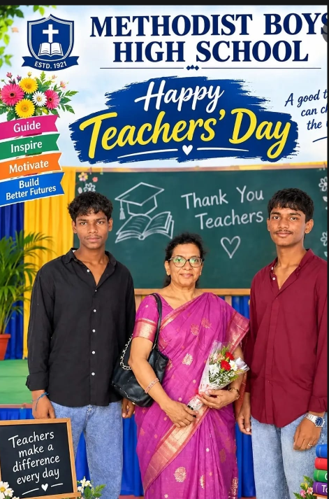 Two students standing with a teacher during a Teachers' Day tribute