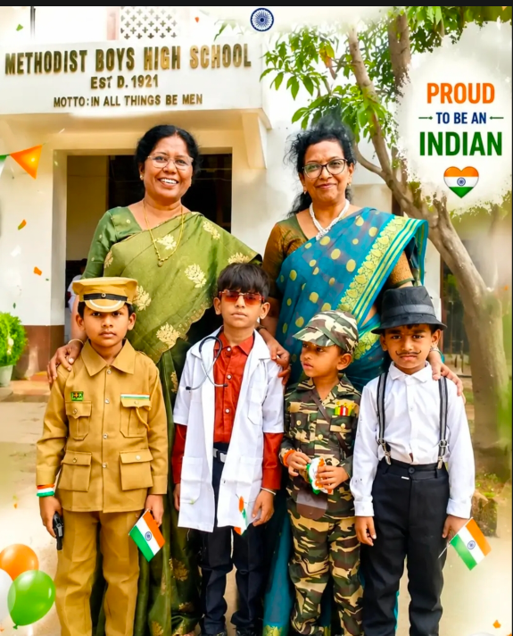 Students in themed dress with members of staff for 15 August